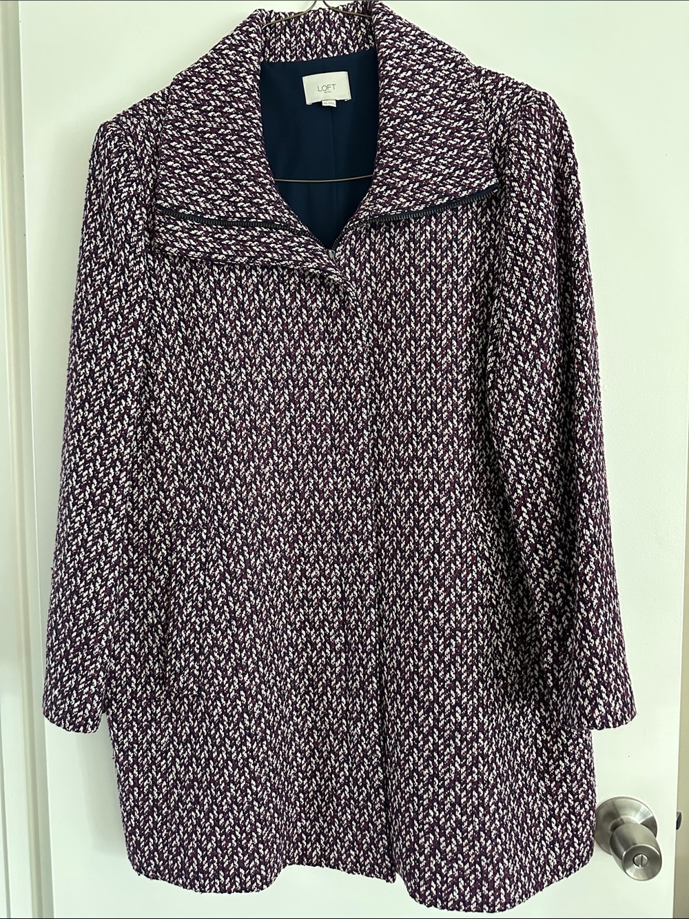 LOFT Purple and White Textured Trench Coat with Navy Lining